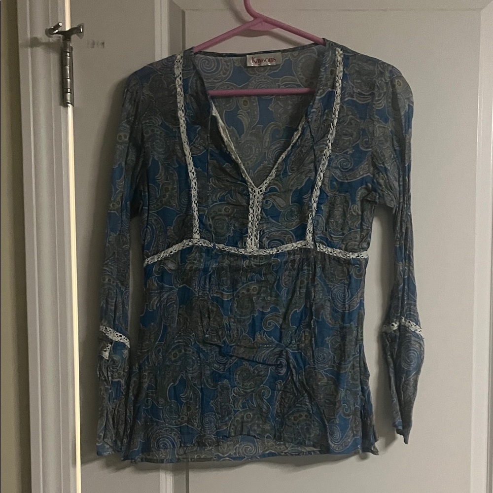 Paisley Lace-Trim V-Neck Blouse - Blue